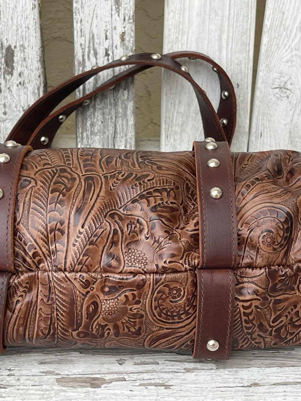 Harley-Davidson Brown Tooled Leather Barrel Satchel Shoulder Bag